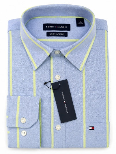 Premium Slim Fit Cotton Shirt — Sky Blue Stripe with Lime Accent
