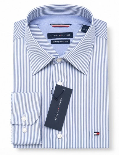 Premium Slim Fit Cotton Shirt — Navy Fine Pinstripe